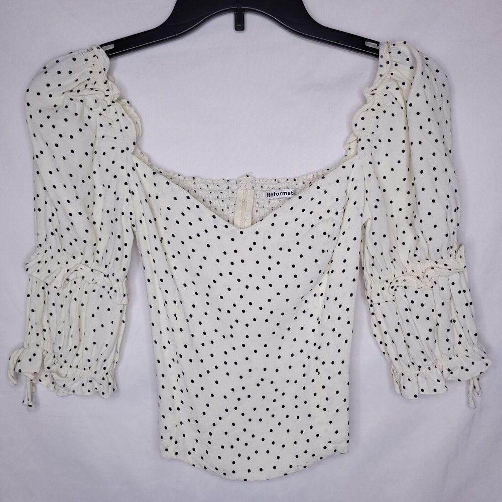 Reformation White Polka Dot Puff Sleeve Blouse
